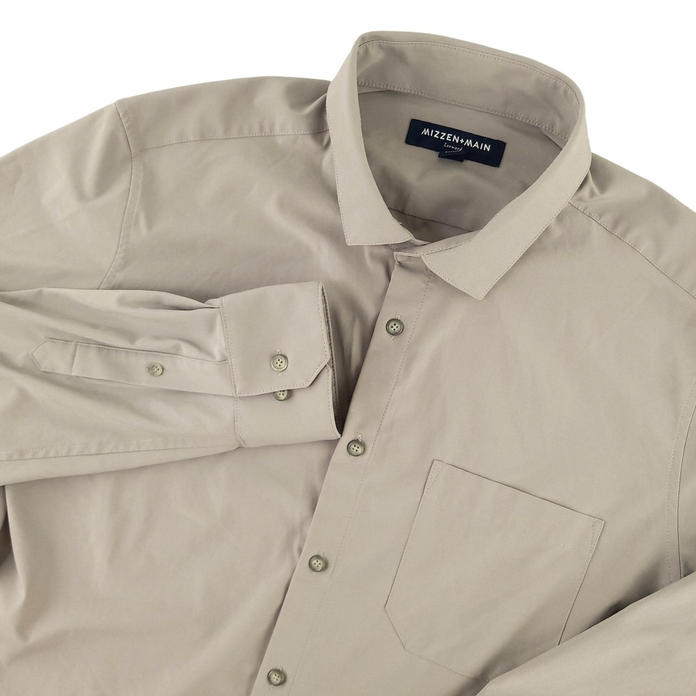 Mizzen+Main Leeward Dress Shirt Mens XL Beige Solid Slim Fit Stretch No Tuck